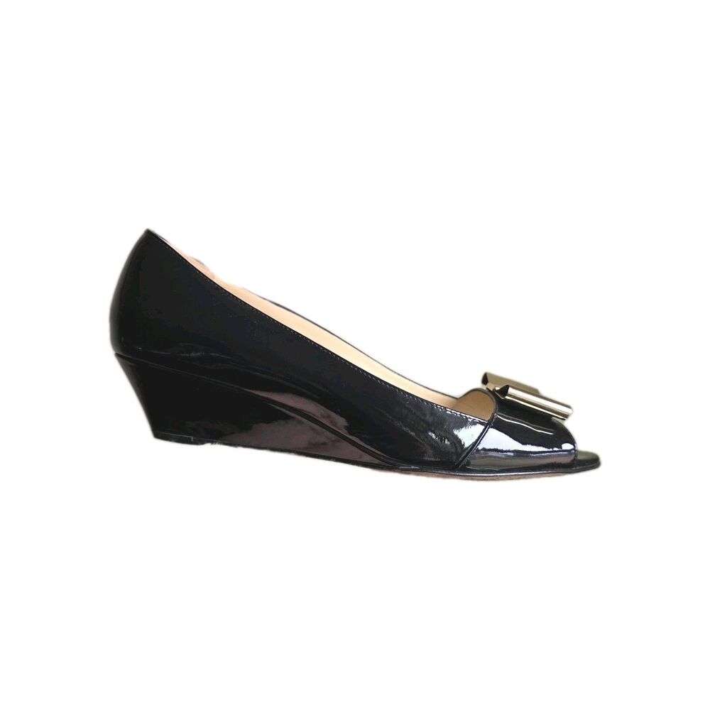 kate spade Black Patent Leather Peep-Toe Wedge Heels with Bow